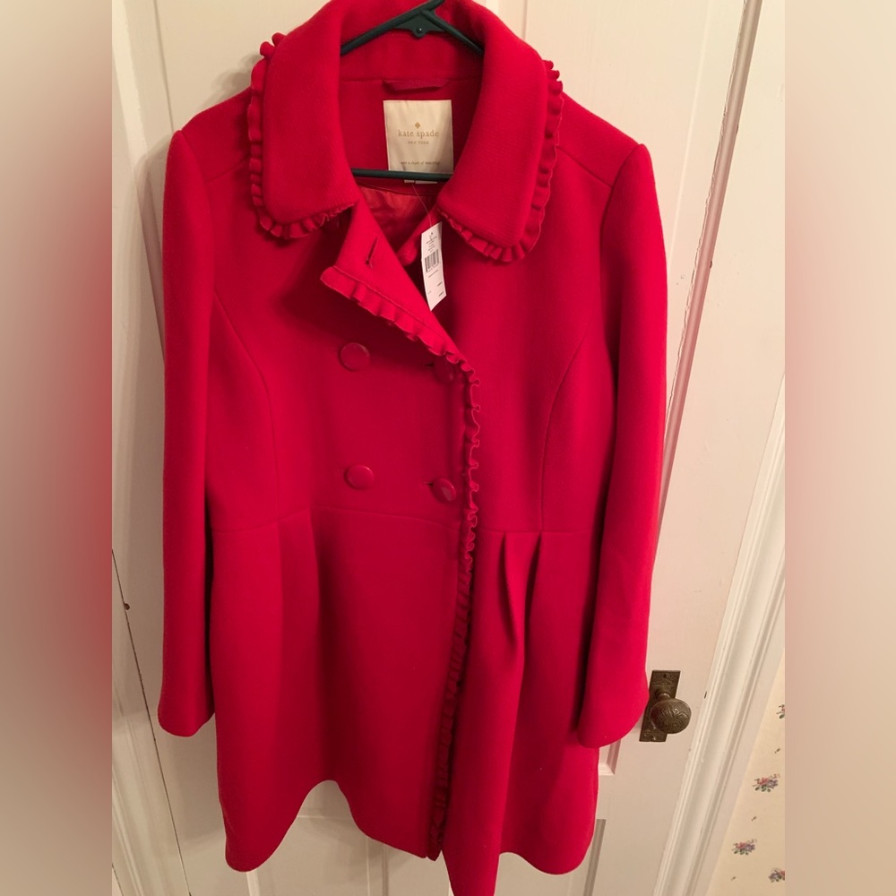 Brand New - Kate Spade Ruffle Trim Bow Back Wool Coat Women’s size 14
